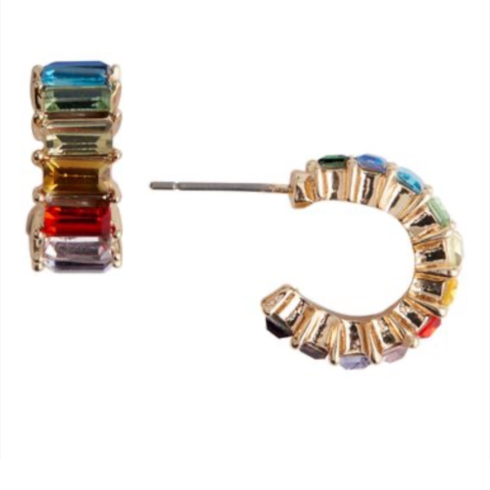 NWT multi colored rainbow baquette stone gold tone Huggie hoop earrings